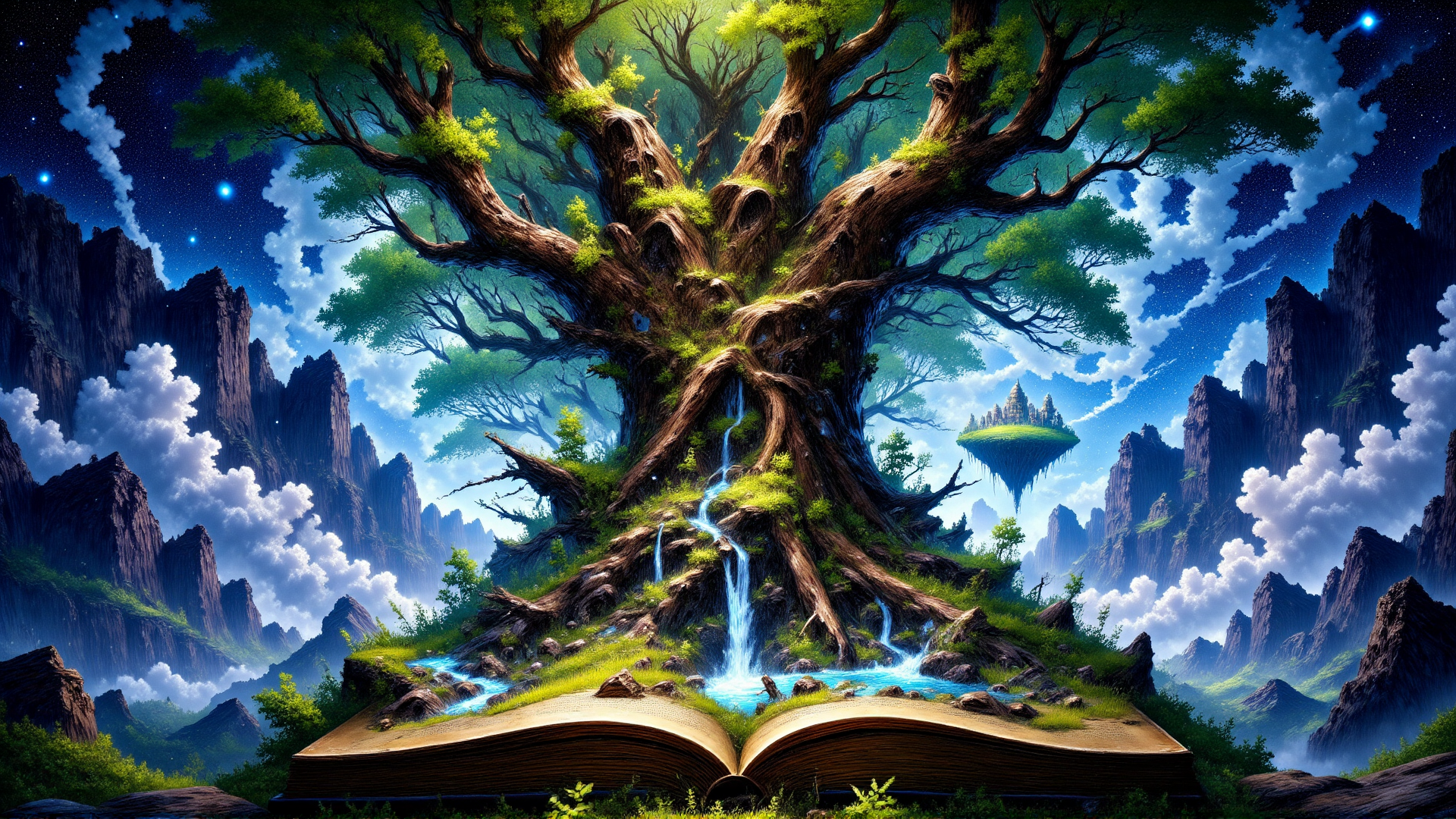AI generated wallpaper featuring tree, book, waterfall, mountains, clouds, star, floating island, grass, river, sky