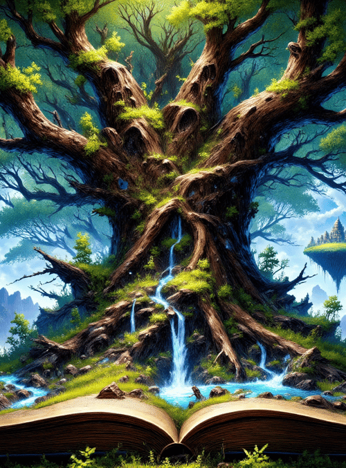 tree, book, waterfall, mountains, clouds, star, floating island, grass, river, sky