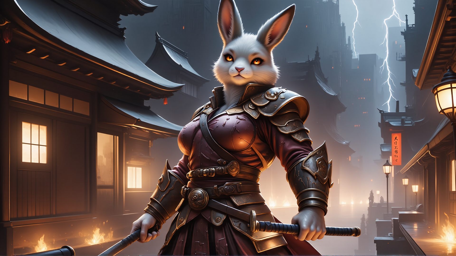 AI generated wallpaper featuring rabbit, warrior, sword, armor, building, street, lighting, fire, city, lantern