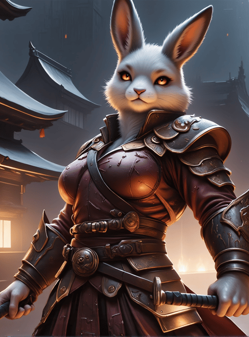 rabbit, warrior, sword, armor, building, street, lighting, fire, city, lantern