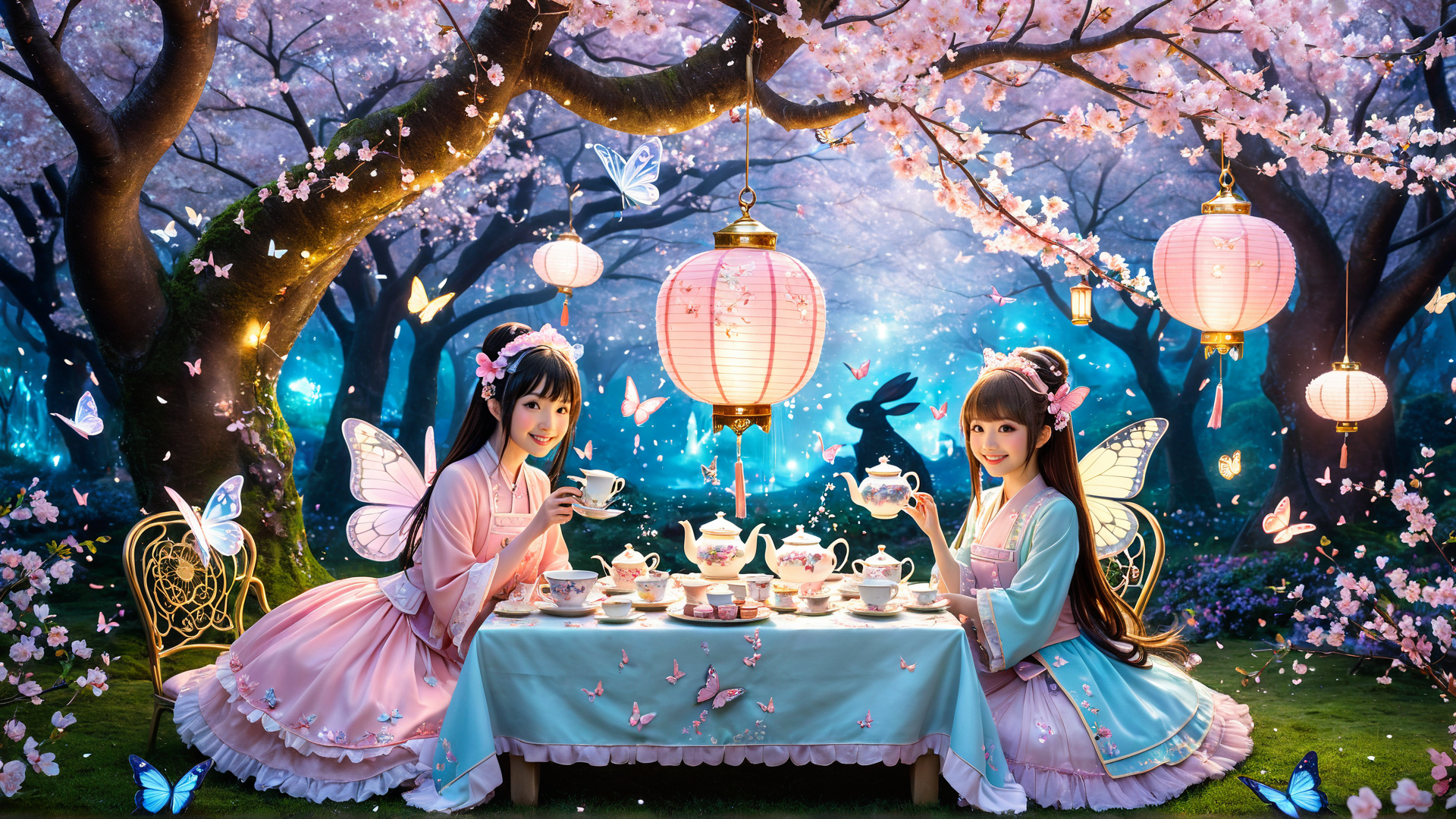 AI generated wallpaper featuring fairy, teacup, lantern