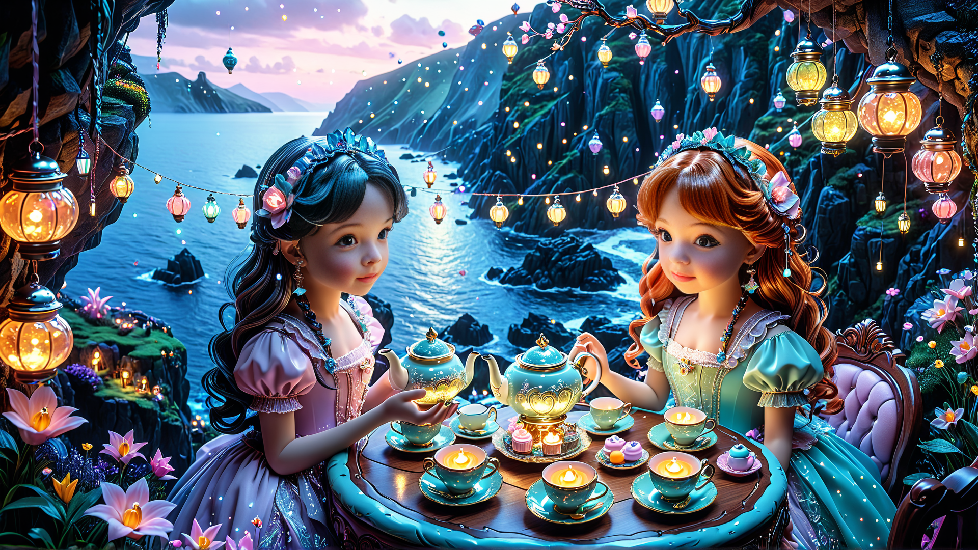 AI generated wallpaper featuring girls, teapot, tea party
