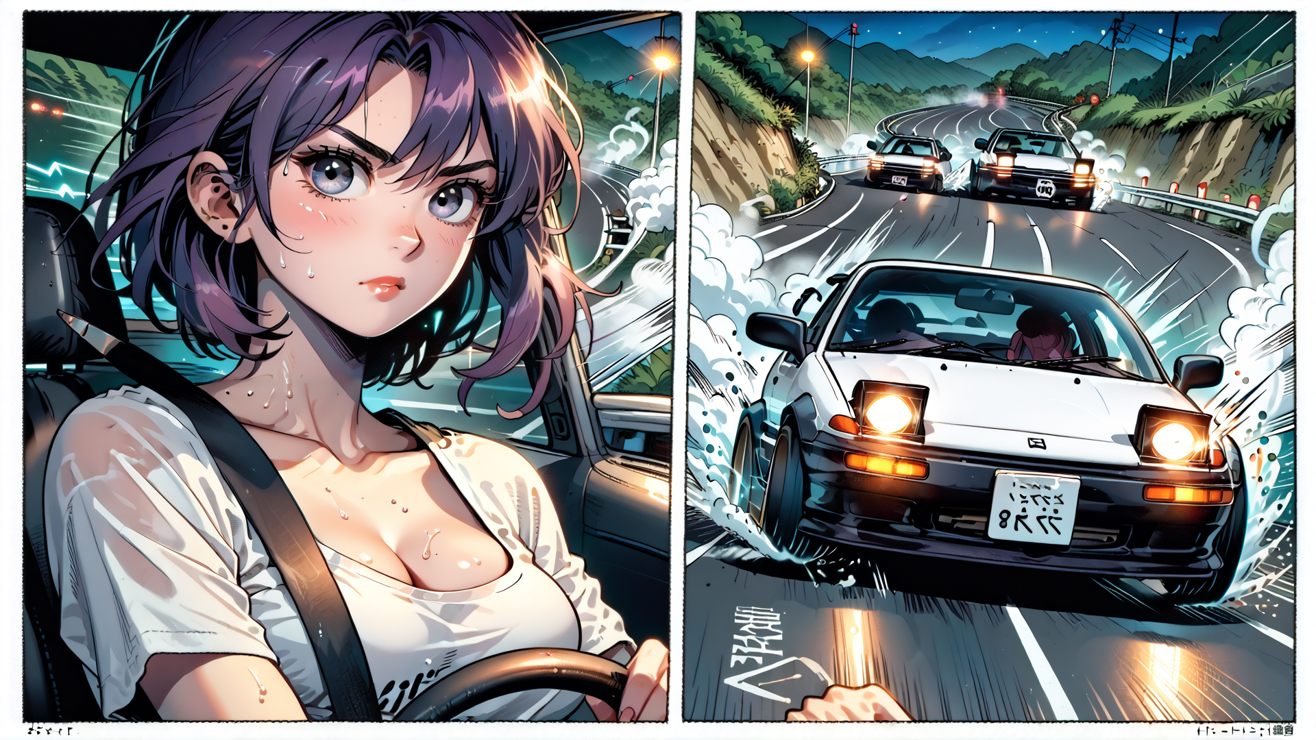 AI generated wallpaper featuring woman, car, road, streetlight, mountain, speed, tire, sweat, seatbelt, driving
