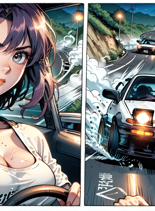 woman, car, road, streetlight, mountain, speed, tire, sweat, seatbelt, driving