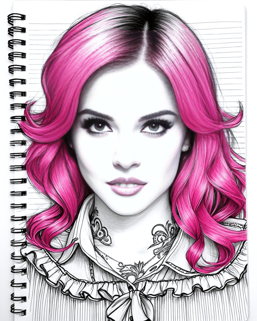 AI generated wallpaper featuring girl, hair, sketch, tattoo, shirt, notebook, curls, ribbon, earring, eyes
