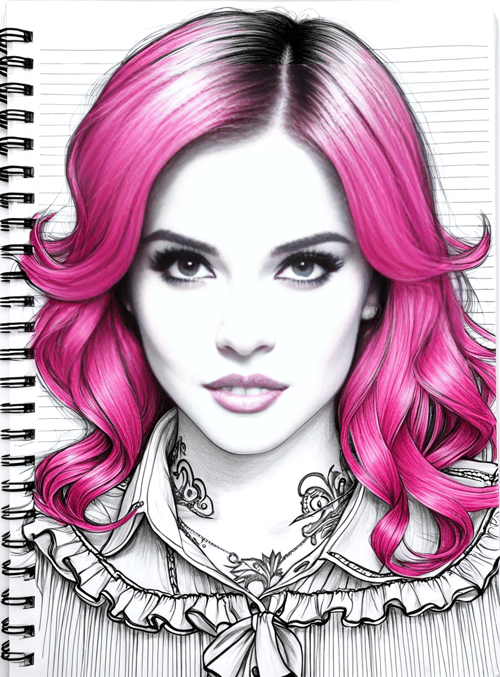 girl, hair, sketch, tattoo, shirt, notebook, curls, ribbon, earring, eyes