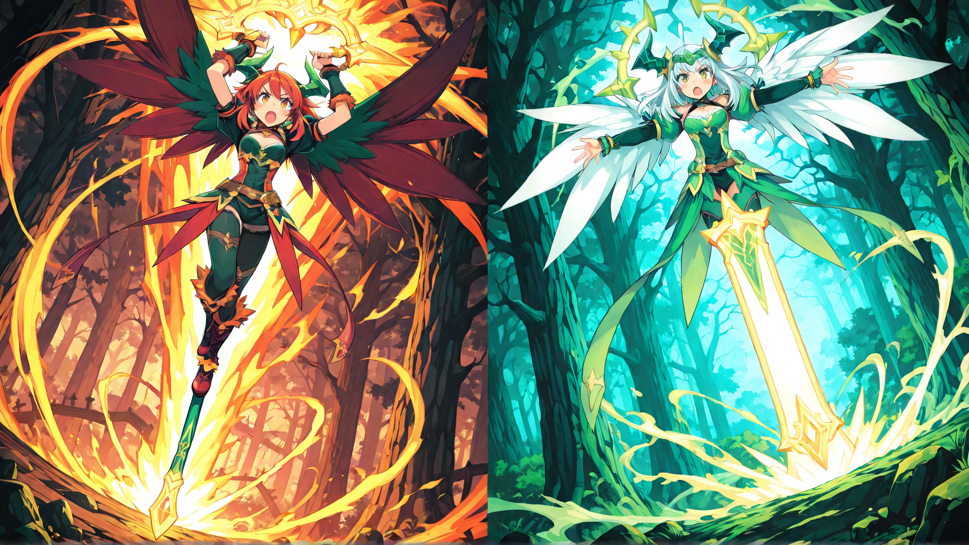 AI generated wallpaper featuring anime girl, angel, sword, fire, forest