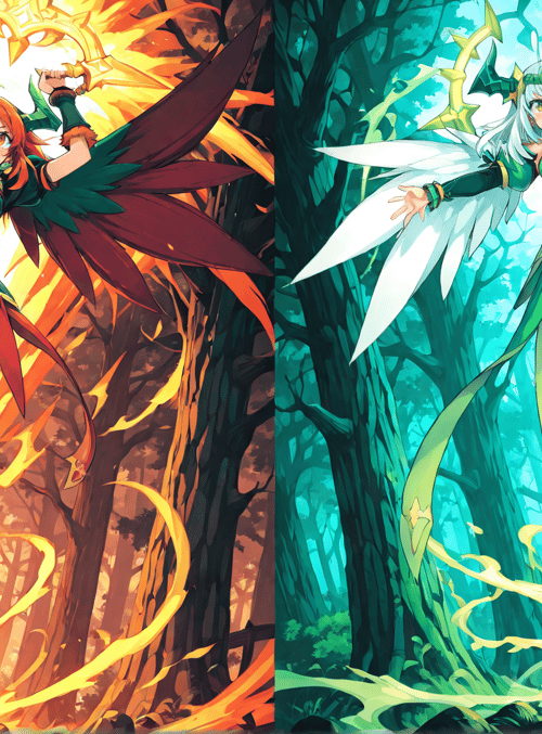 anime girl, angel, sword, fire, forest
