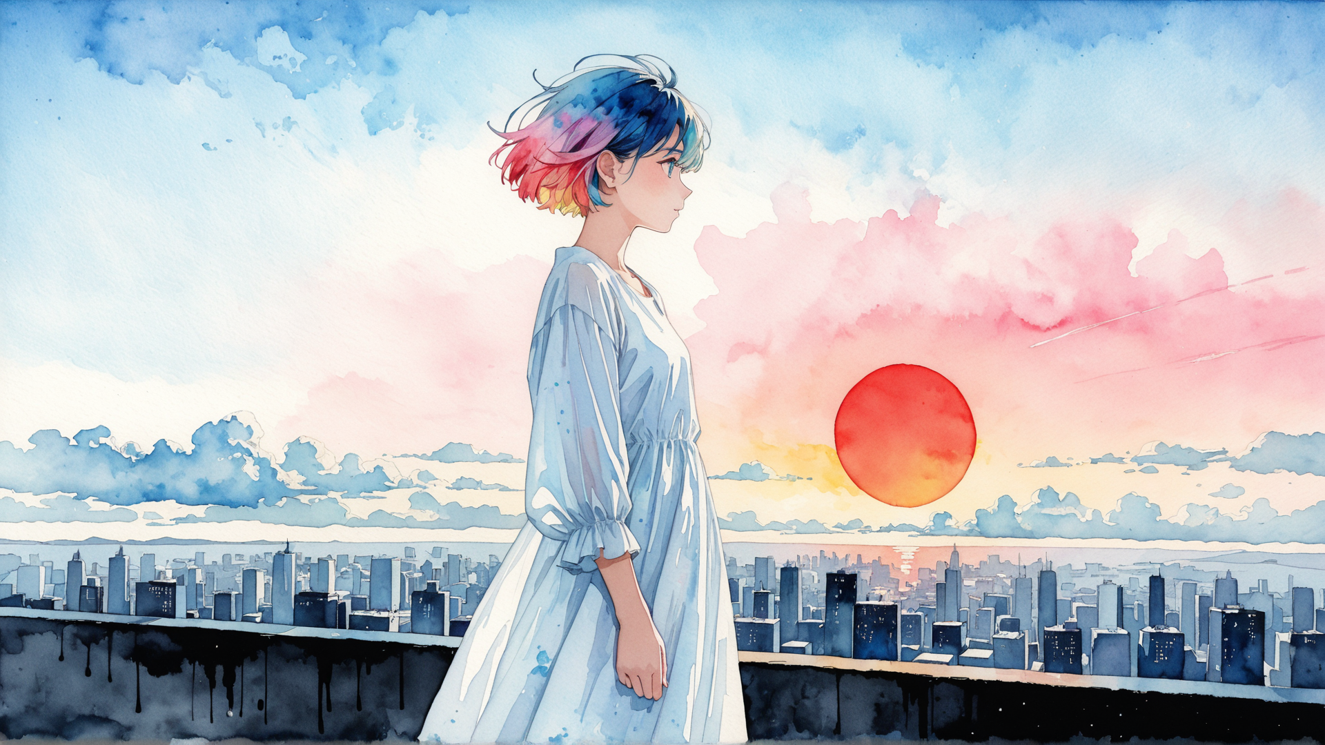 AI generated wallpaper featuring girl, city, sun, sky, clouds, dress, hair