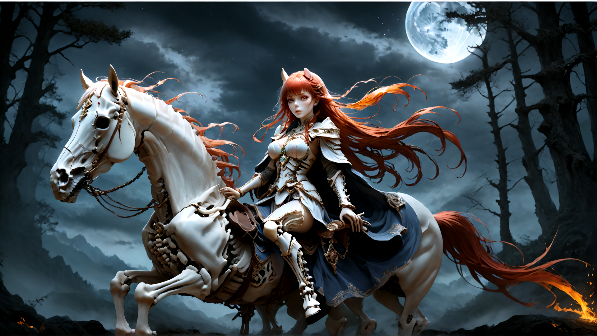 AI generated wallpaper featuring woman, skeleton horse, moon, trees, fire