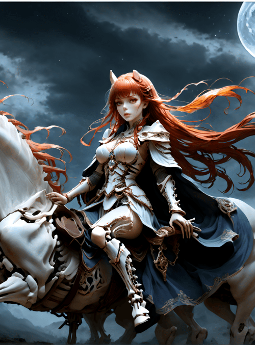 woman, skeleton horse, moon, trees, fire