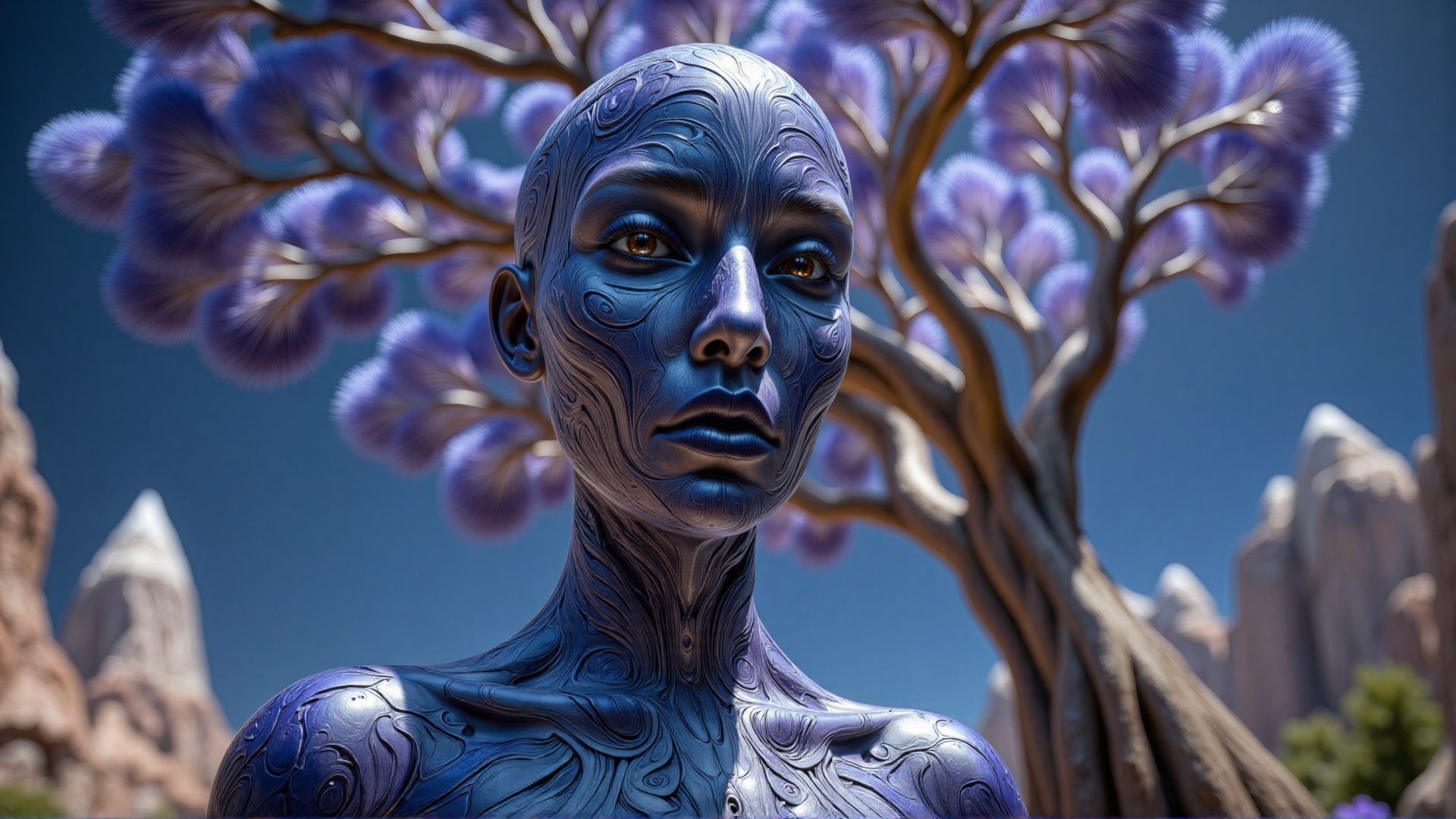 AI generated wallpaper featuring alien, tree, mountain, landscape