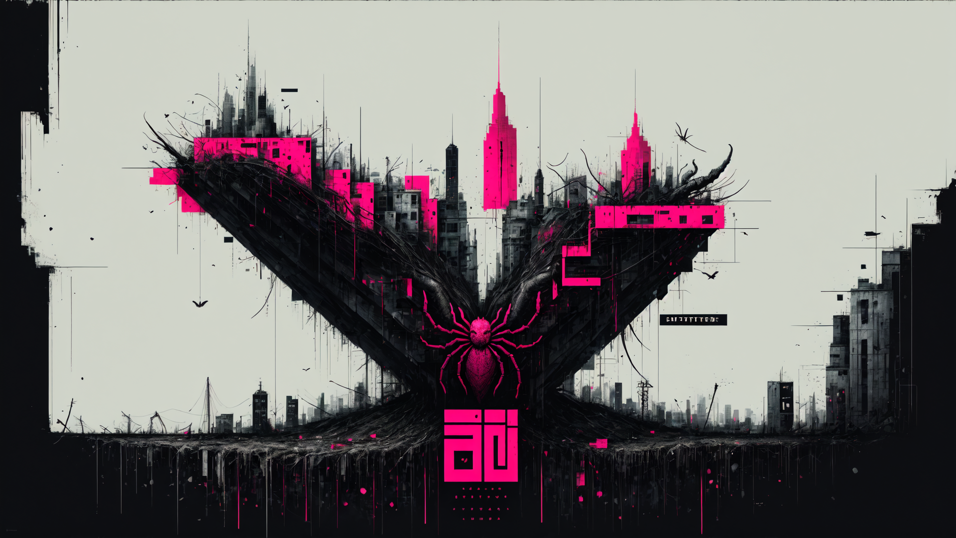 AI generated wallpaper featuring city, spider, buildings, structure, monument, skyscraper, art, design, urban, giant