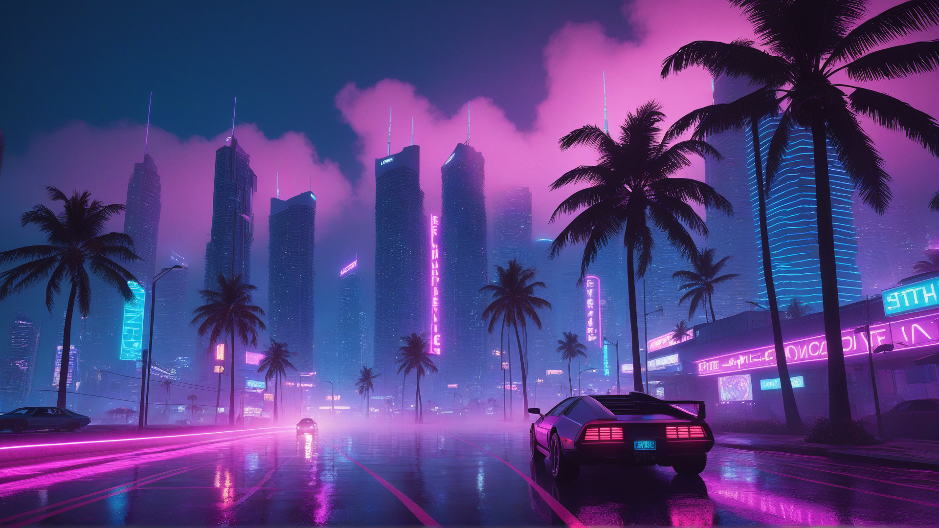 AI generated wallpaper featuring city, car, palm trees