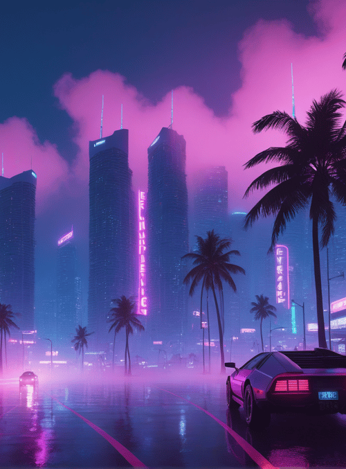 city, car, palm trees