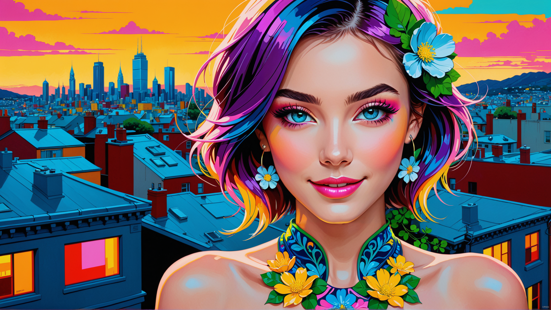 AI generated wallpaper featuring woman, cityscape, flower, necklace, hair