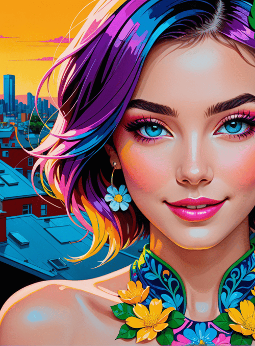 woman, cityscape, flower, necklace, hair