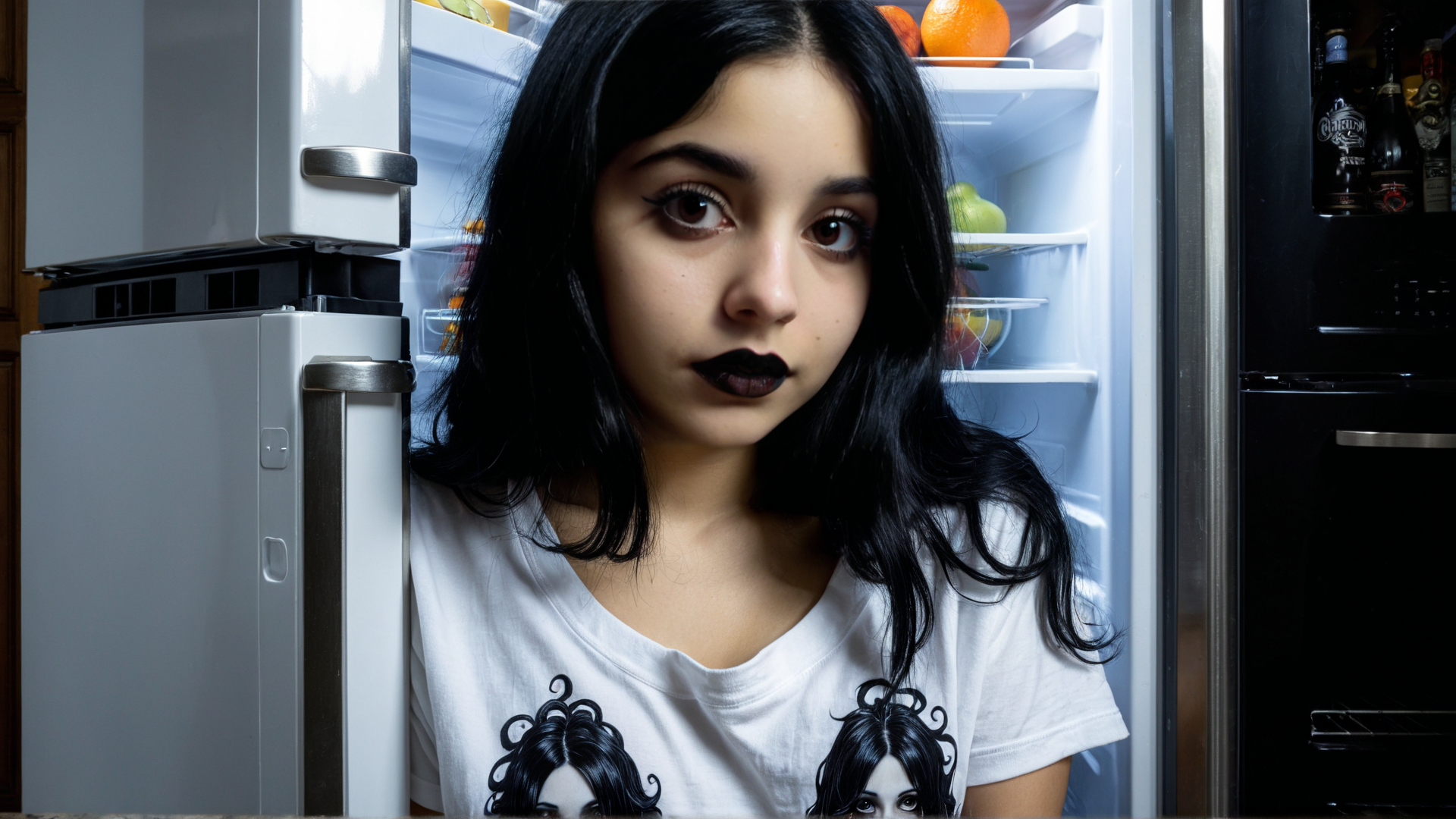 AI generated wallpaper featuring woman, fridge, t-shirt