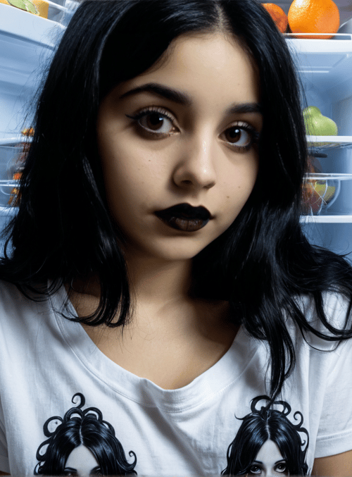 woman, fridge, t-shirt