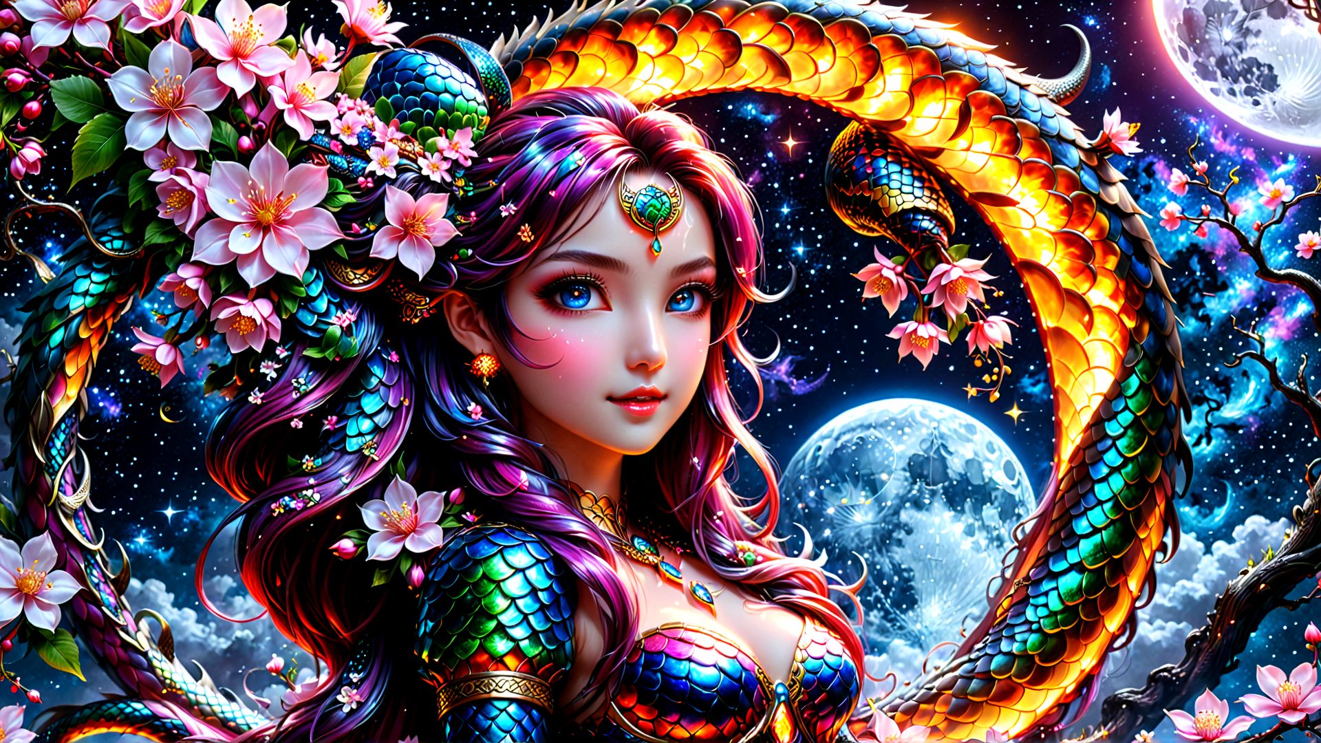 AI generated wallpaper featuring dragon, woman, flowers, moon, stars