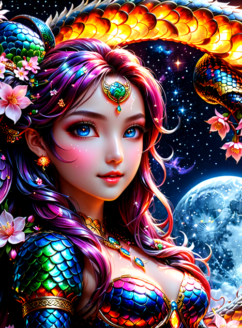 dragon, woman, flowers, moon, stars
