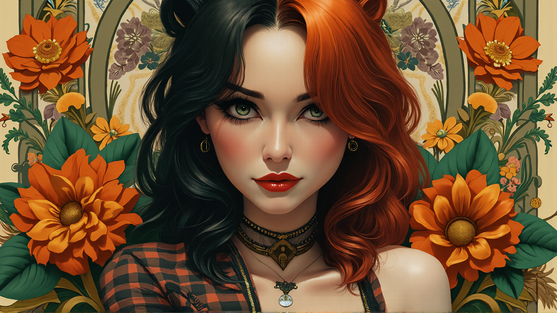 AI generated wallpaper featuring woman, flower, hair, choker, necklace, earring, checkered, dahlia, leaf, sunset