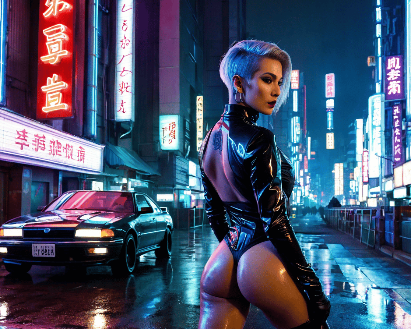 AI generated wallpaper featuring woman, neon, street