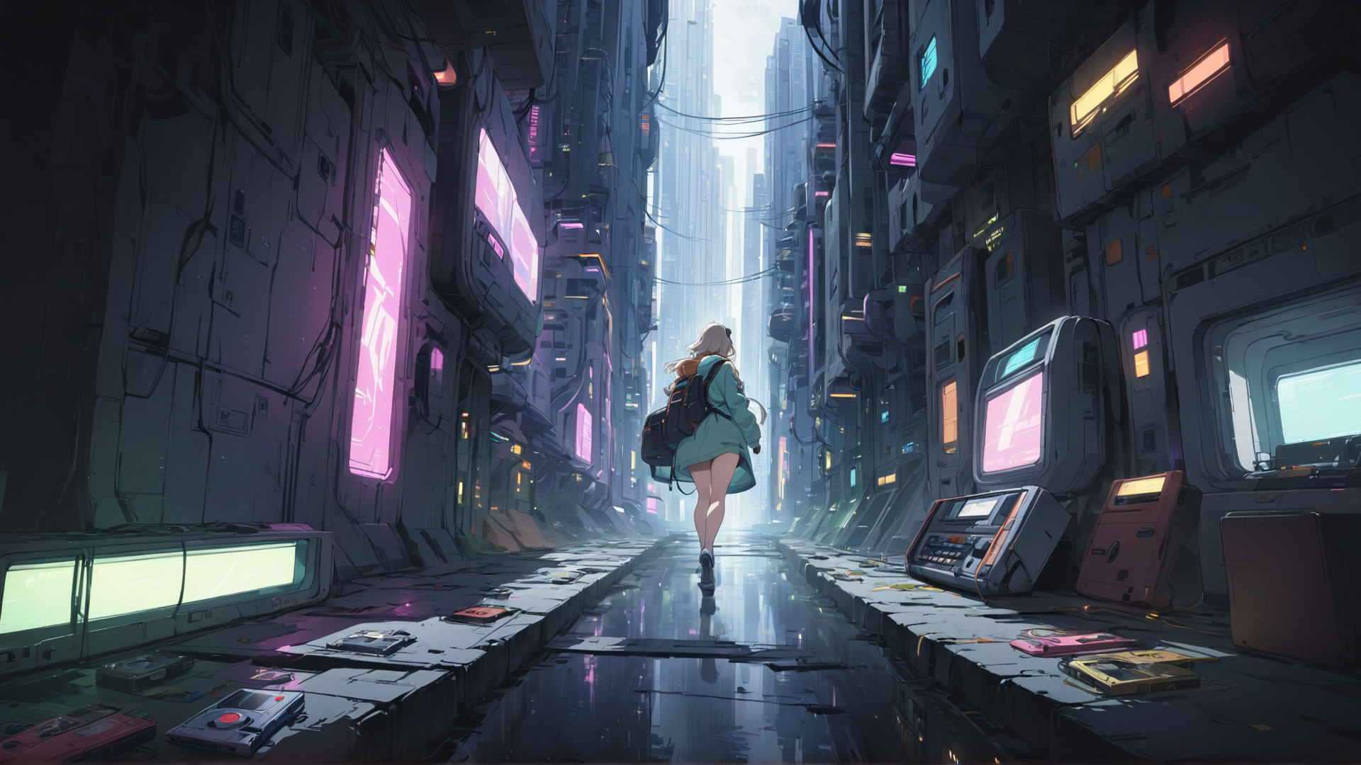 AI generated wallpaper featuring girl, city, street