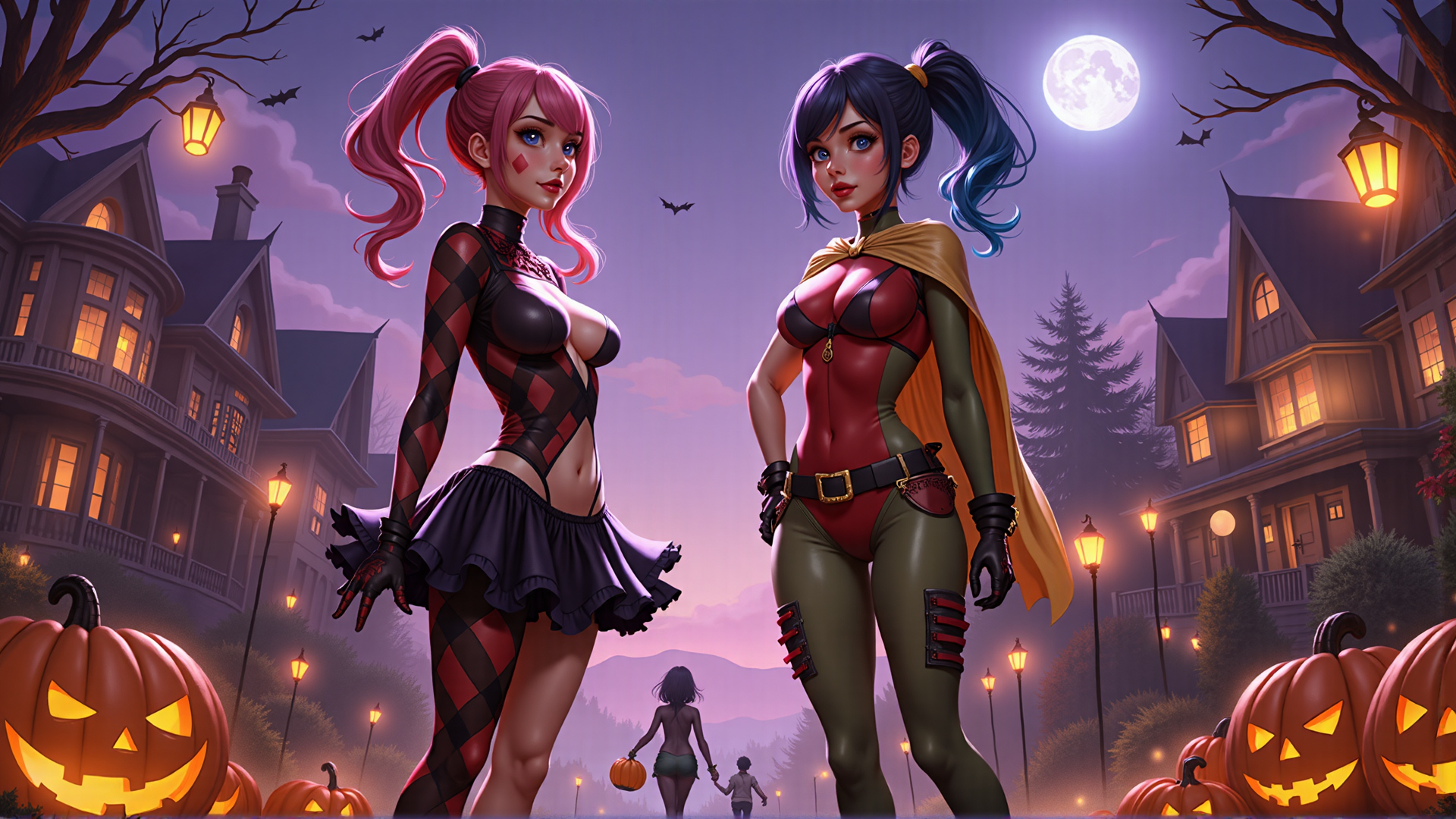 AI generated wallpaper featuring girl, woman, pumpkin, house, bat, moon, lantern, cape, dress, halloween