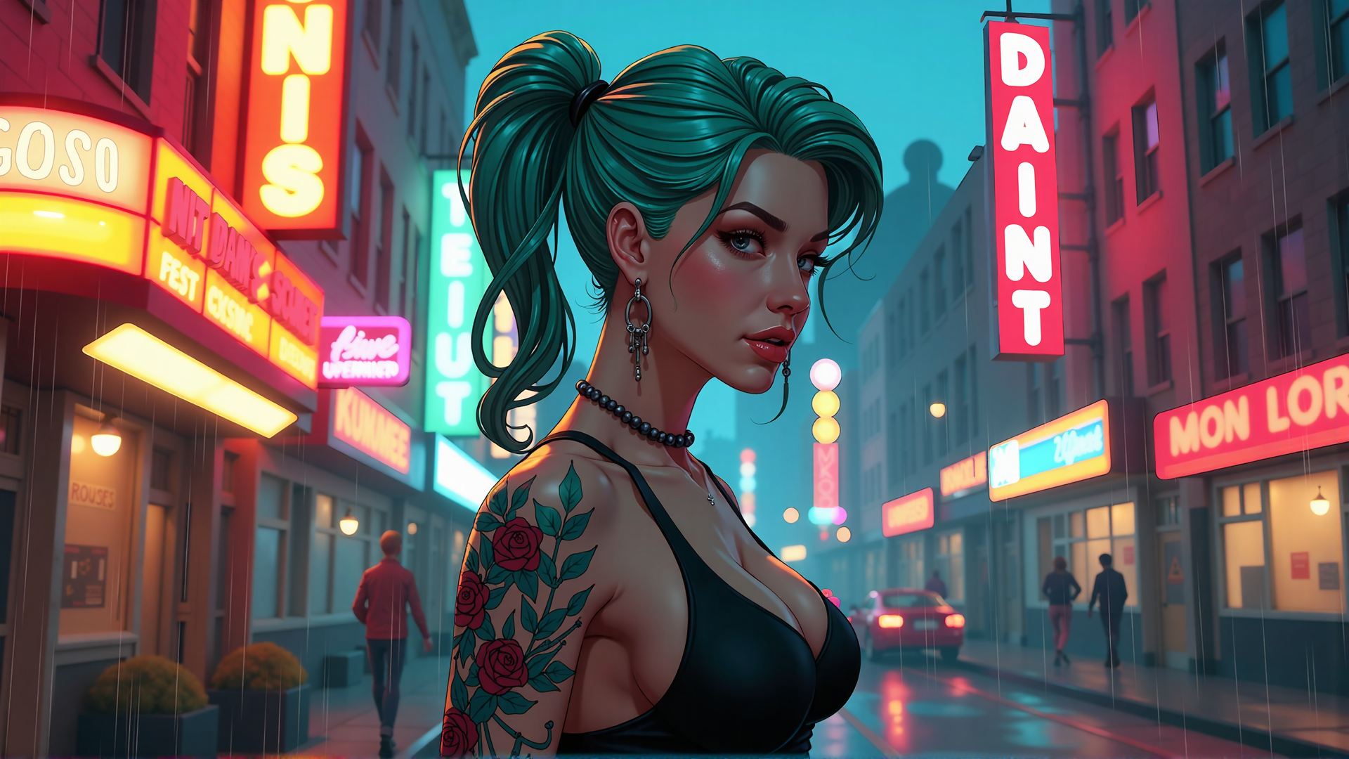 AI generated wallpaper featuring woman, tattoo, high ponytail, neon lights, street, cityscape
