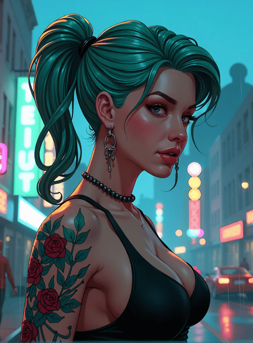 woman, tattoo, high ponytail, neon lights, street, cityscape