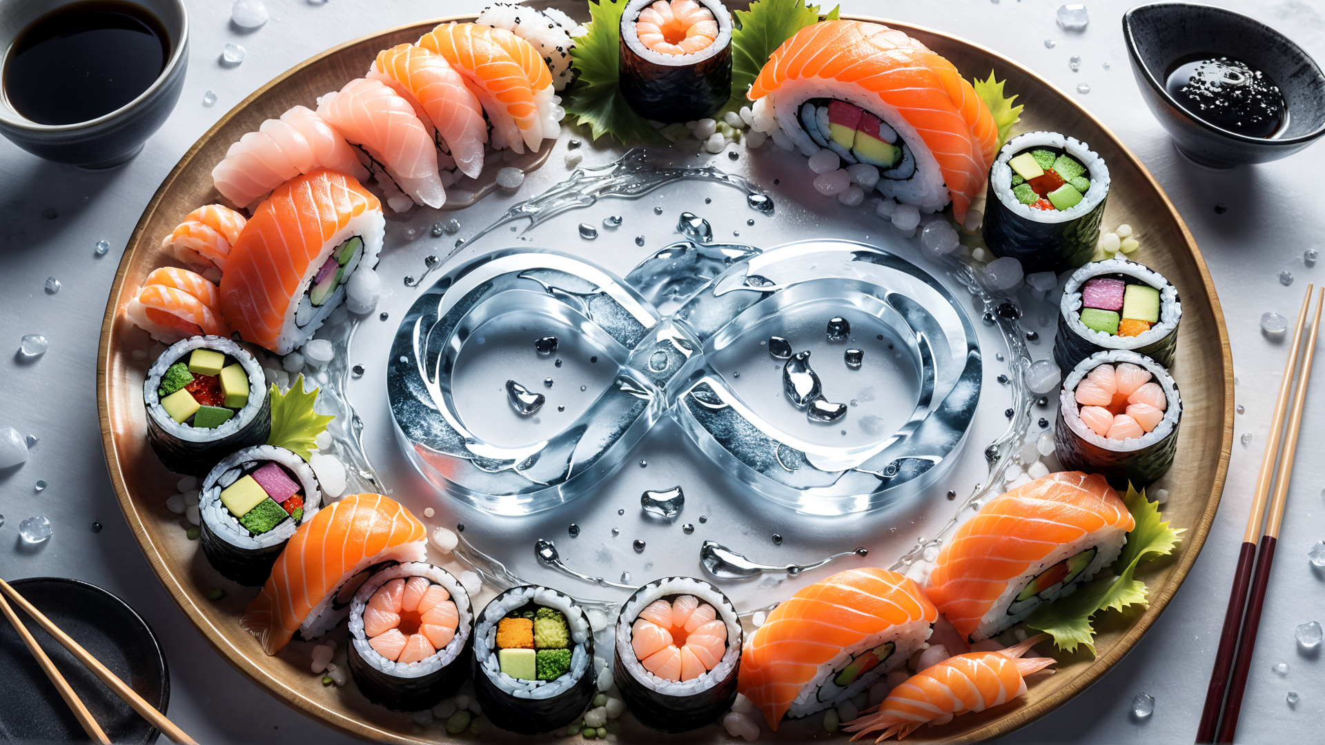 AI generated wallpaper featuring sushi, ice, plate