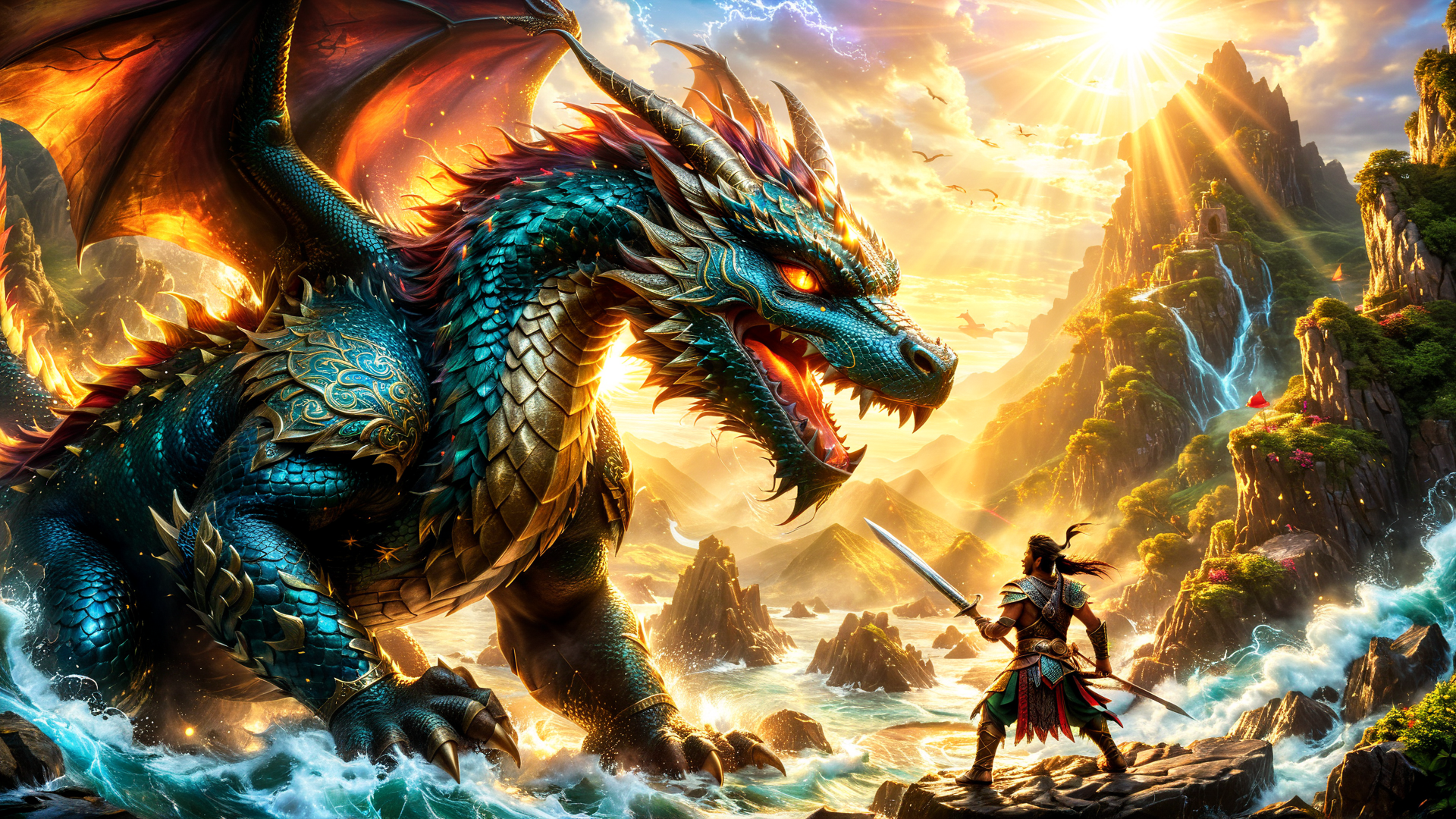 AI generated wallpaper featuring dragon, warrior, sword, mountains, waterfalls, sun, clouds, rock