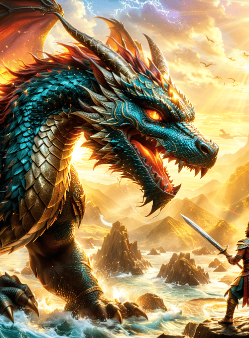 dragon, warrior, sword, mountains, waterfalls, sun, clouds, rock