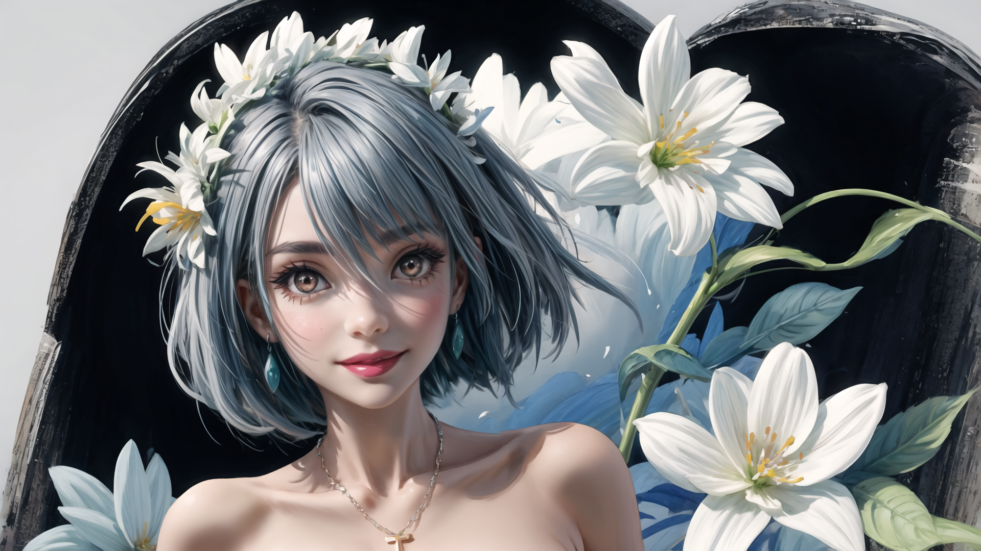 AI generated wallpaper featuring girl, lilies, flowers, wreath, angel wings