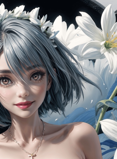 girl, lilies, flowers, wreath, angel wings