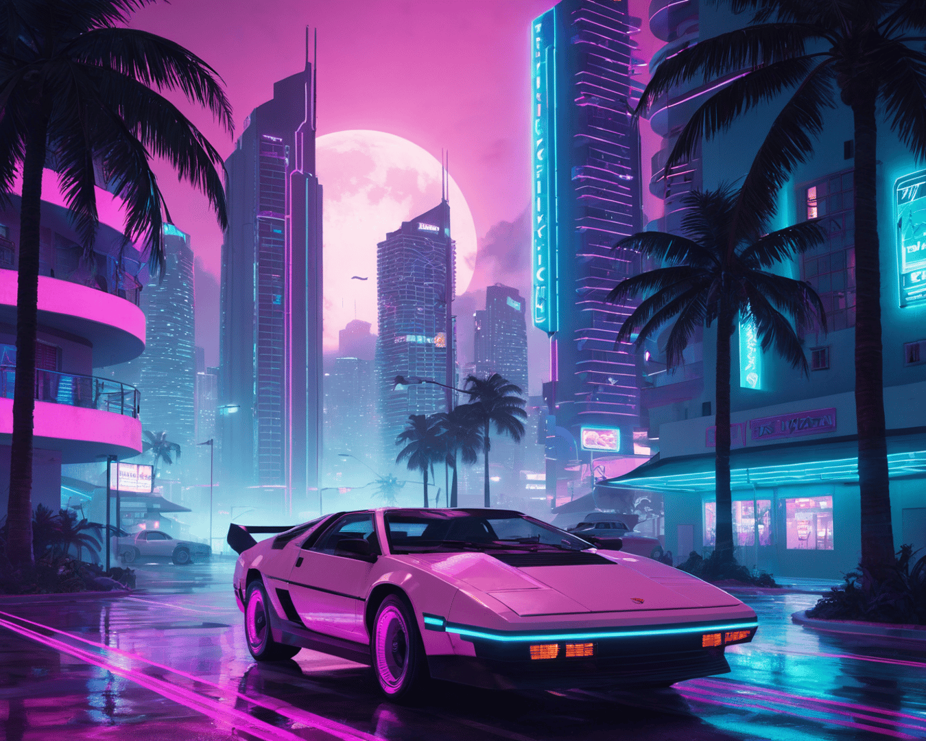 AI generated wallpaper featuring car, cityscape, palm tree