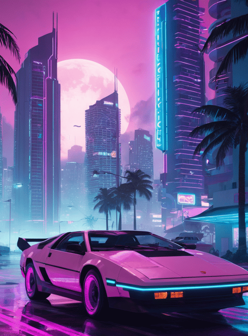 car, cityscape, palm tree