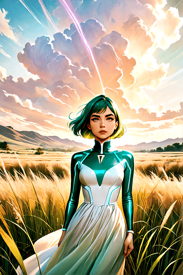 AI generated wallpaper featuring woman, field, dress, clouds, mountains, sun, grass, light, sky, hair