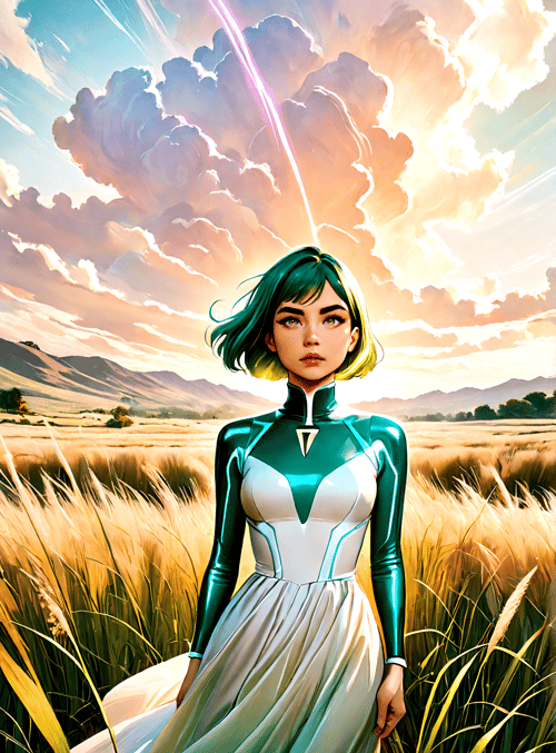 woman, field, dress, clouds, mountains, sun, grass, light, sky, hair