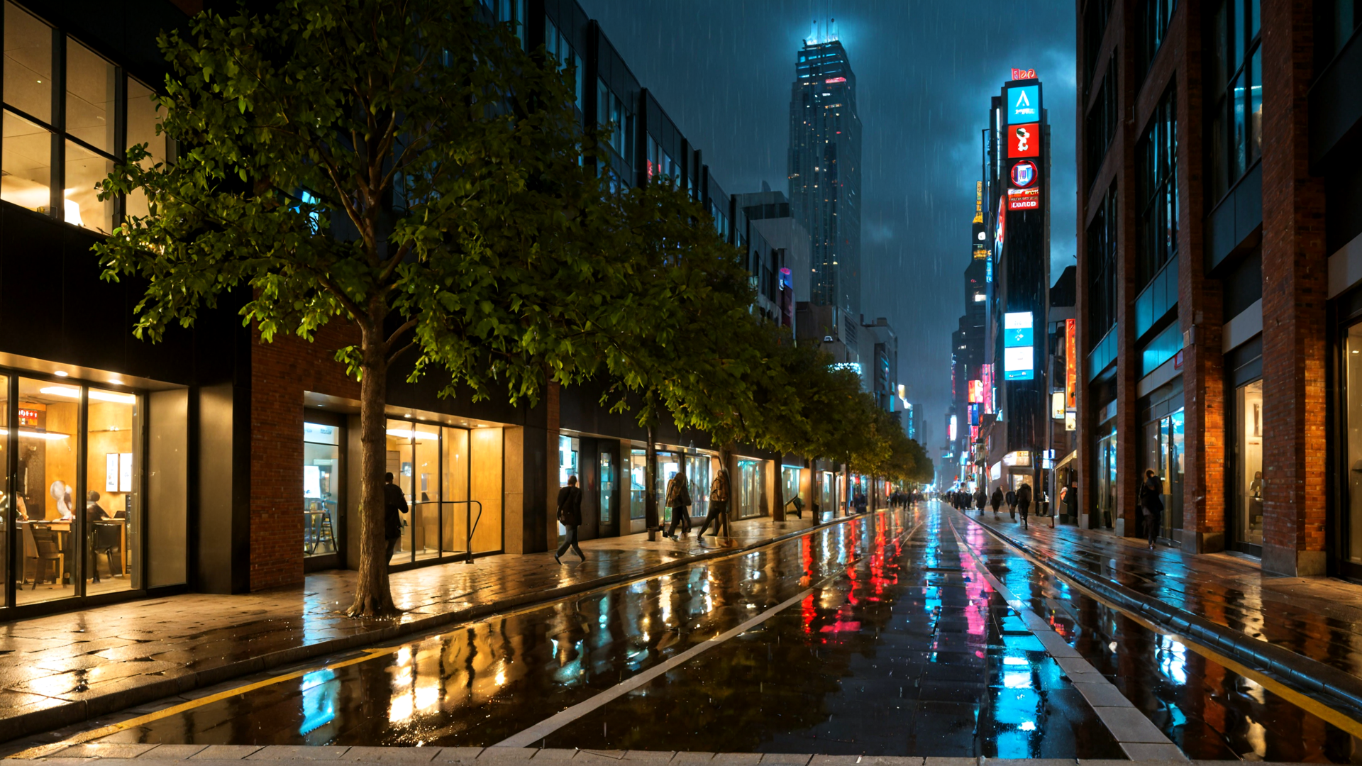AI generated wallpaper featuring street, trees, buildings, people, rain, signs, city, sidewalk, reflections, lights