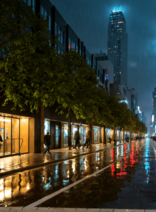 street, trees, buildings, people, rain, signs, city, sidewalk, reflections, lights