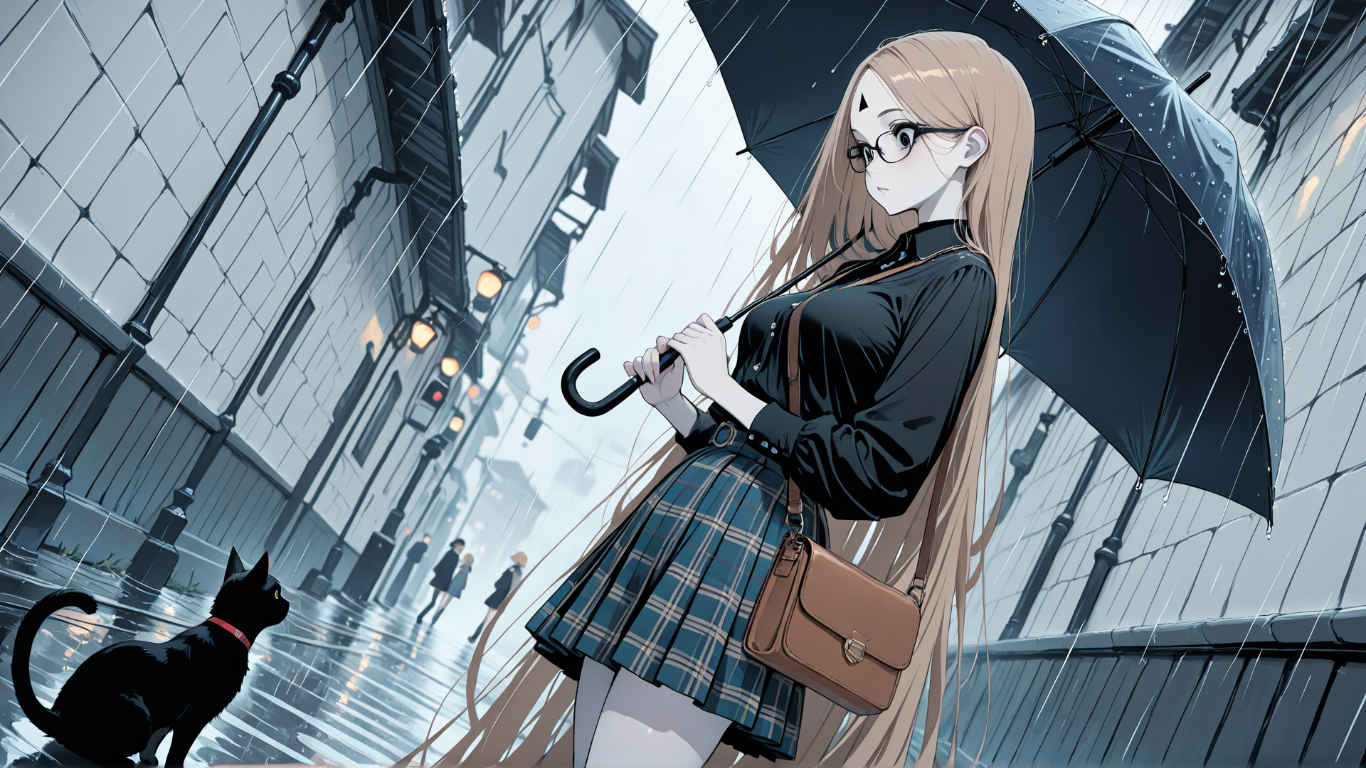 AI generated wallpaper featuring girl, cat, umbrella, street, rain, building, lamps, skirt, glasses, bag