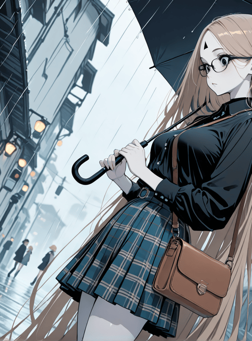 girl, cat, umbrella, street, rain, building, lamps, skirt, glasses, bag