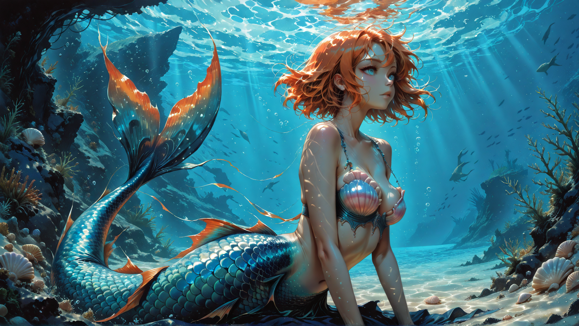 AI generated wallpaper featuring mermaid, seaweed, coral, fish, shells, sunlight, ocean, water, scales, tail