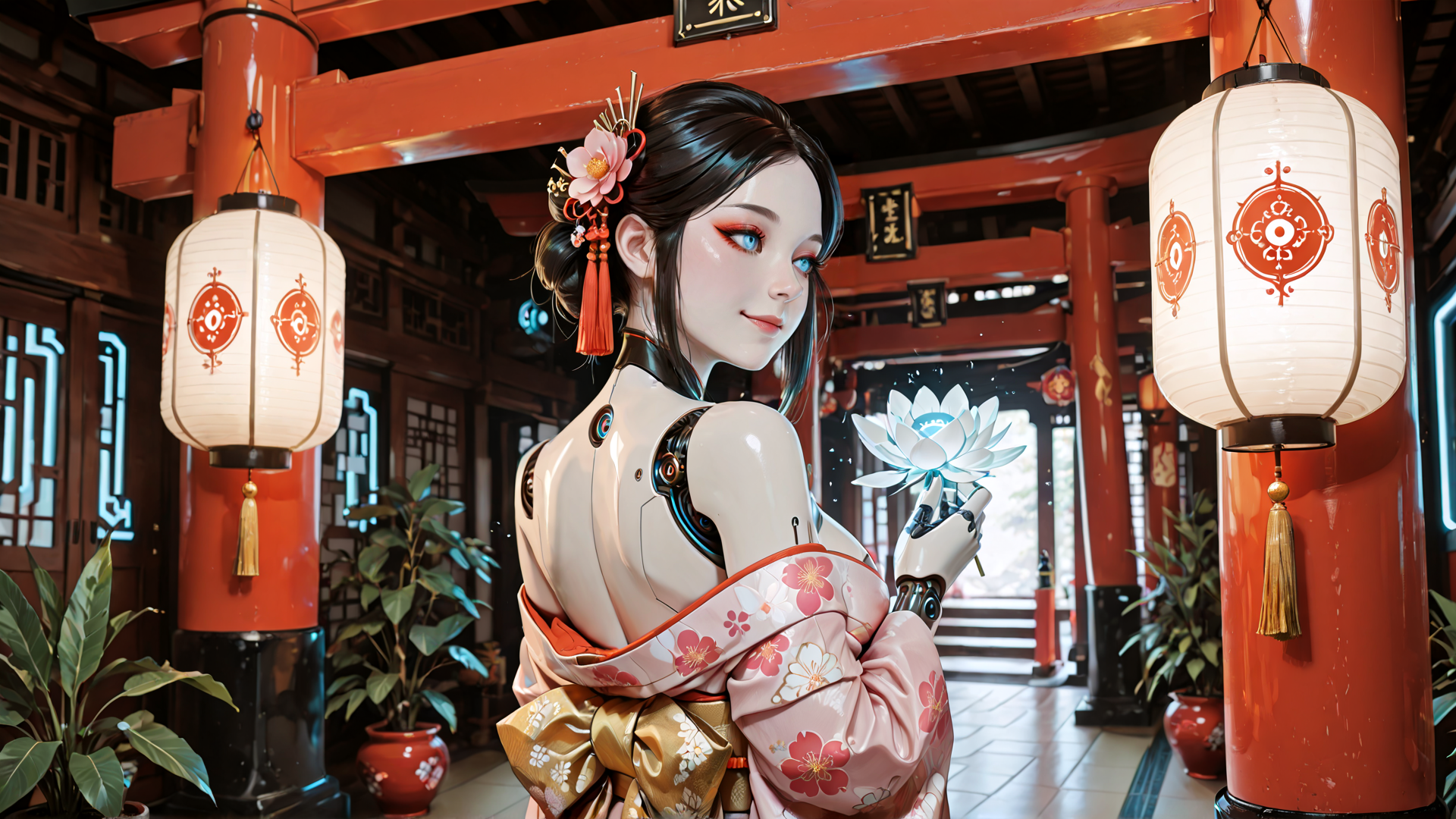 AI generated wallpaper featuring robot, woman, lantern, kimono, lotus