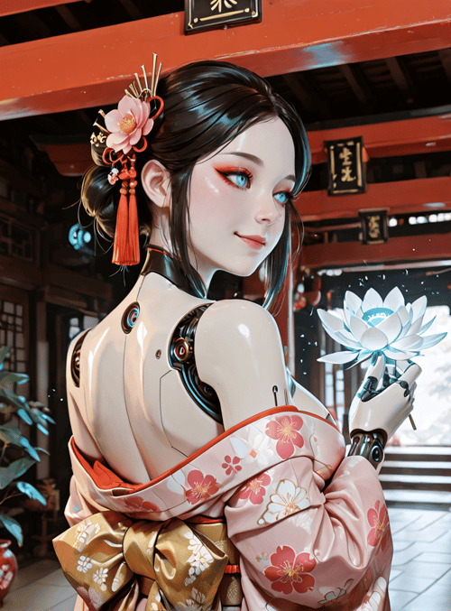 robot, woman, lantern, kimono, lotus