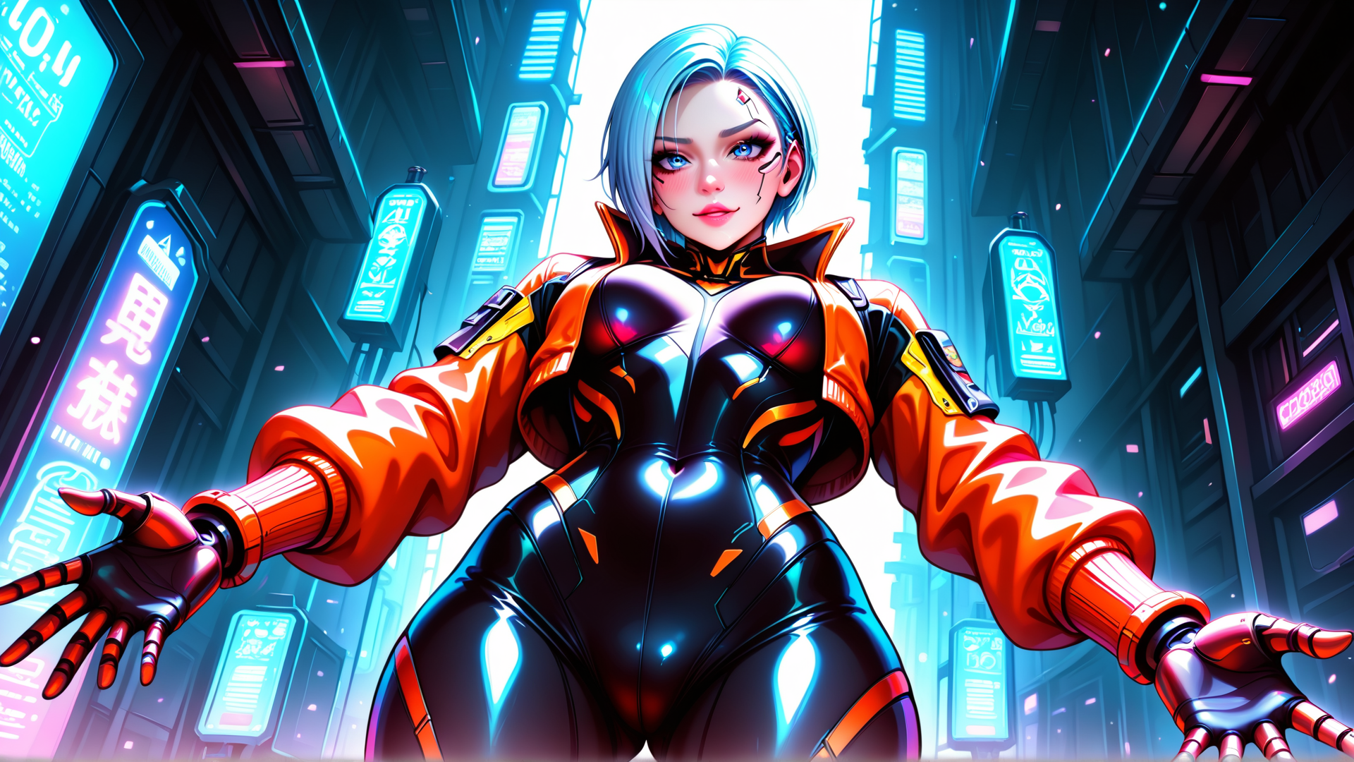 AI generated wallpaper featuring cyborg, neon, futuristic, girl, cityscape, robot, outfit