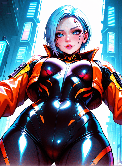 cyborg, neon, futuristic, girl, cityscape, robot, outfit