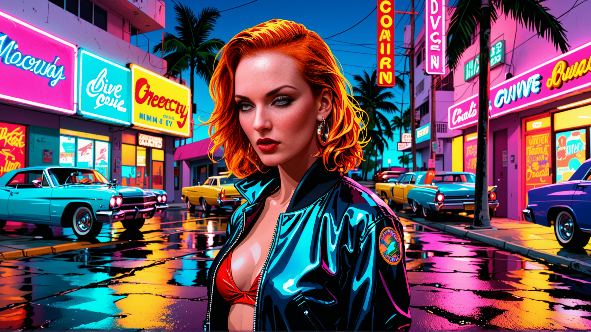 AI generated wallpaper featuring woman, cars, neon signs